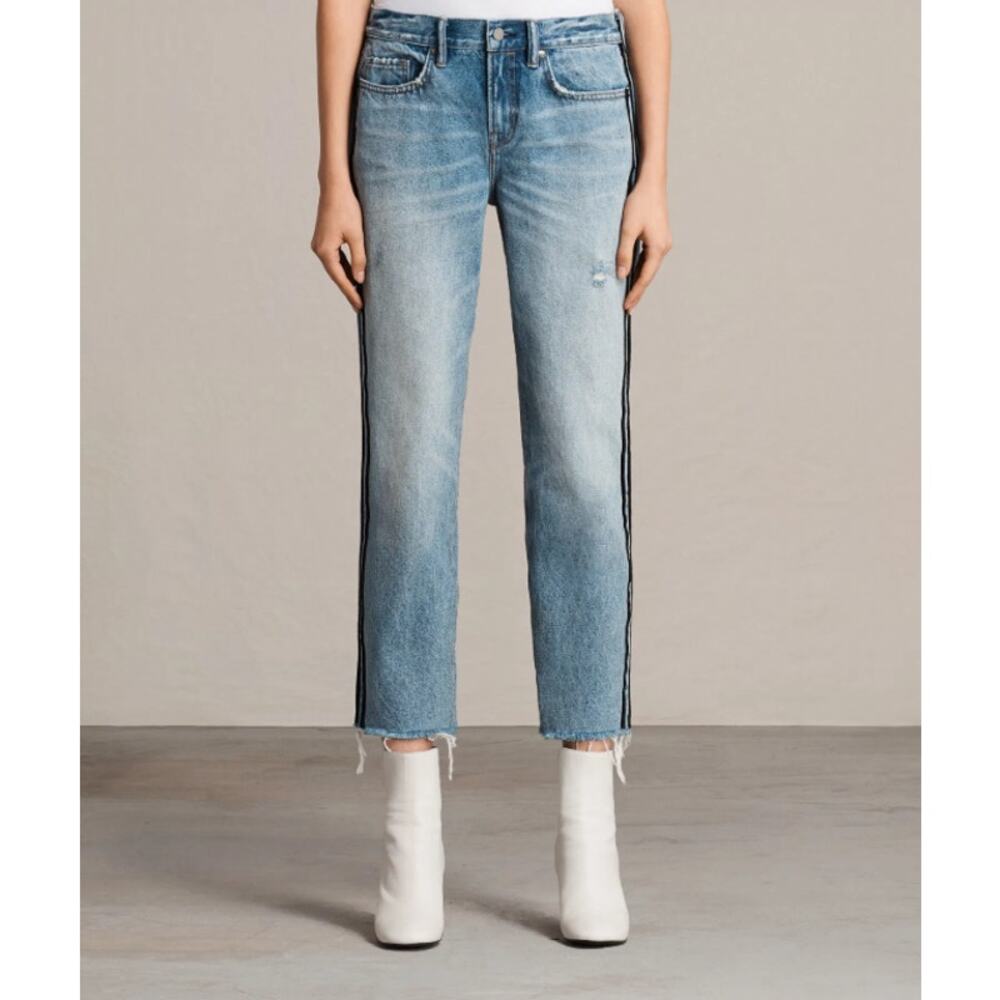 ALLSAINTS Women's Boyfriend Stripe‎ Side Jeans Blue Mid Rise Size 26